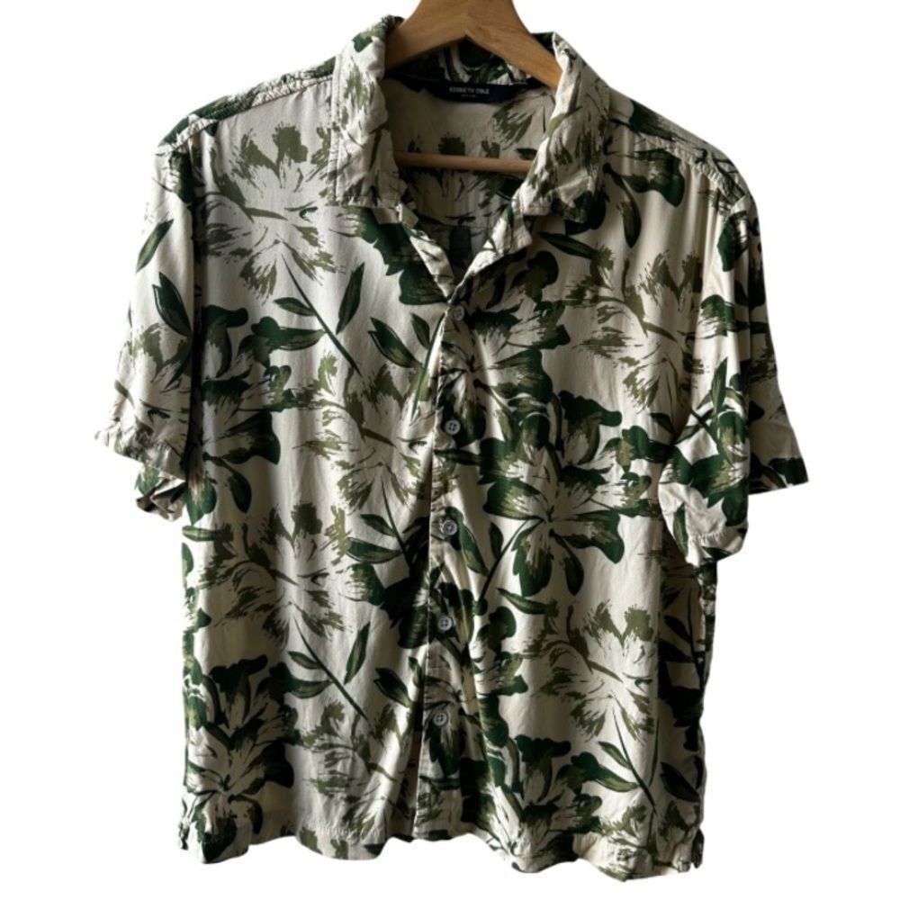 Kenneth Cole Green Tropical Leaf Print Shirt Medium Hawaiian Casual Unisex